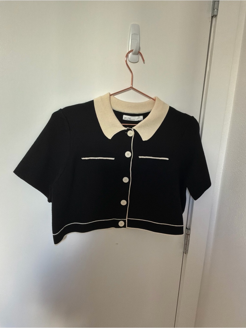 OAK + FORT Black Knit Cardigan with Cream Collar